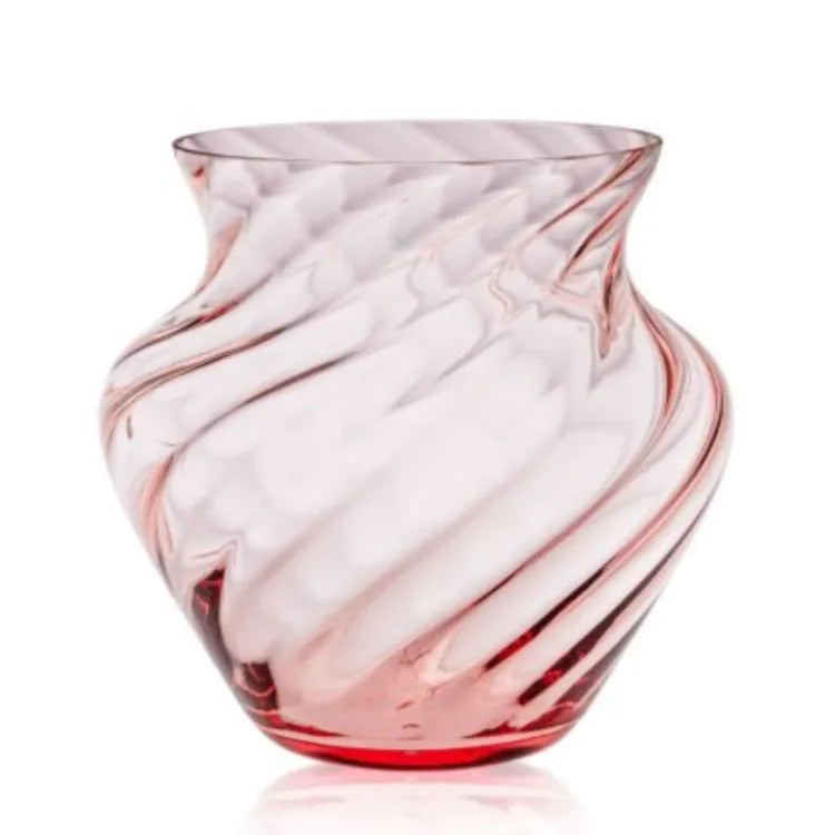 große rosa Kristallvase mit Wellenmuster 