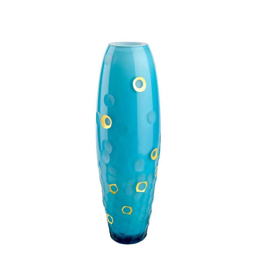 türkisfarbene hohe schlanke Vase mit modernem Schliff und Vergoldung