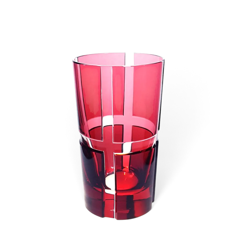 Rubinroter Longdrinkbecher Quadrone aus handgeschliffenem Überfang-Bleikristall